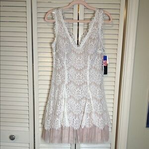 Betsy & Adam White Lace Midi Dress with Blush Underskirt